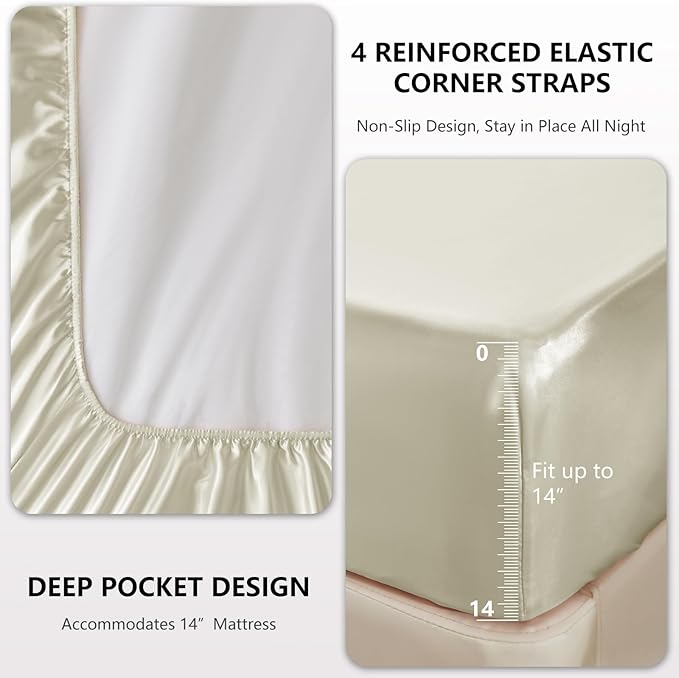 CozyLux Satin Sheets Full Size Sheets - 6 Piece Silky Full Size Bed Sheets, Luxury Beige Full Bed Set with Smooth and Soft Microfiber, Includes 1 Fitted Sheet, 1 Flat Sheet and 4 Pillowcases