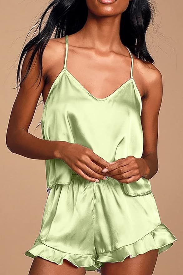 CHYRII Women's Sexy Silk Satin Ruffled Pajamas Sets Cami Shorts Sets Sleepwear