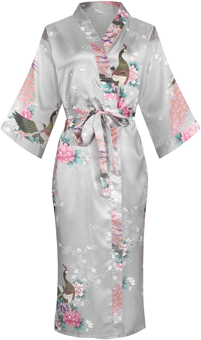 Valennia Women Long Silky Bathrobe Satin Kimono Robe Floral Printed Dressing Gown Sleepwear