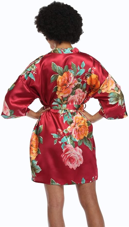 MissNina Women's Floral Satin Kimono Robes Short Silky Bridesmaid Robes Sleepwear