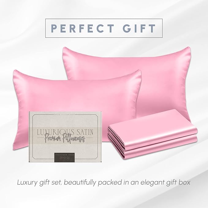 Elegant Comfort 4-Pack Cooling Viscose Satin Pillowcase Set with Hidden Zipper Closure, Silky Smooth for Hair and Skin Care-Beautiful Gift Box-4-Piece Satin Pillowcase Set, Standard/Queen, Light Pink