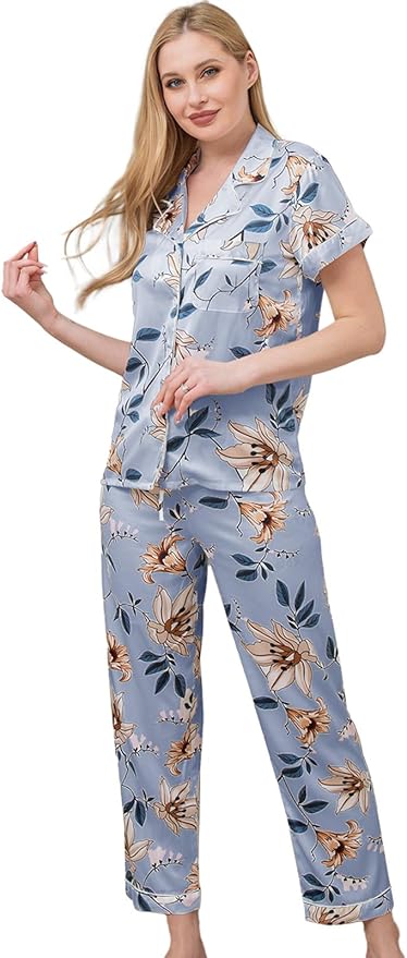 WJing Yi Jia Womens Pajamas Set XS-4XL Floral Silk Satin Pajama Sets Silky Pj Sets 2Pcs Loungewear Sleepwear Button Down Pjs