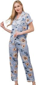 WJing Yi Jia Womens Pajamas Set XS-4XL Floral Silk Satin Pajama Sets Silky Pj Sets 2Pcs Loungewear Sleepwear Button Down Pjs