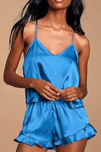 CHYRII Women's Sexy Silk Satin Ruffled Pajamas Sets Cami Shorts Sets Sleepwear