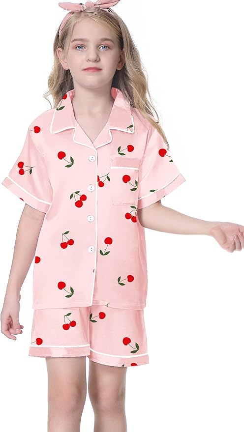 Umeyda Women & Girls Pajamas Set, Soft Satin Lightweight Silk Button-Down Top with Shorts 2 Piece PJS for Mom Boys Kids Gifts
