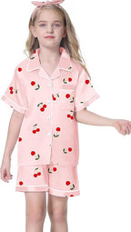 Umeyda Women & Girls Pajamas Set, Soft Satin Lightweight Silk Button-Down Top with Shorts 2 Piece PJS for Mom Boys Kids Gifts