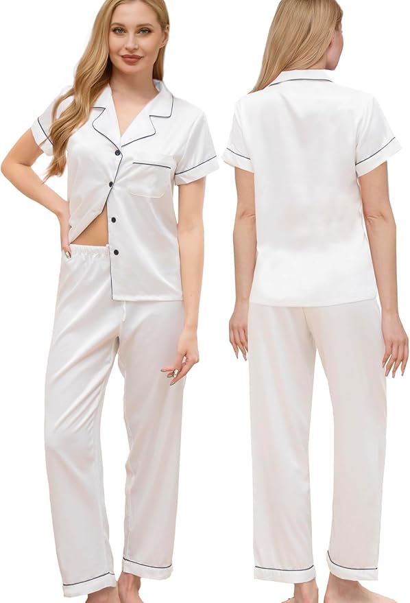 WJing Yi Jia Womens Pajamas Set XS-4XL Floral Silk Satin Pajama Sets Silky Pj Sets 2Pcs Loungewear Sleepwear Button Down Pjs