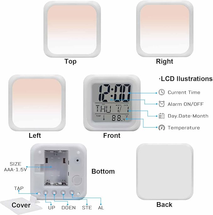 Digital Alarm Clock Peach Pink Digital Clock Date, Temperature, and Weekday Display Gradient White Battery Operated 9 Ringtones 7-Color Night Light and Snooze