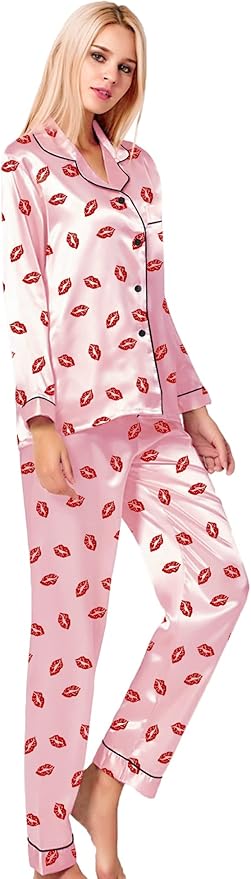 SWOMOG Womens Silk Satin Pajamas Set Long Sleeve Button Down Sleepwear 2 Piece Lounge Set Pj Set XS-3XL