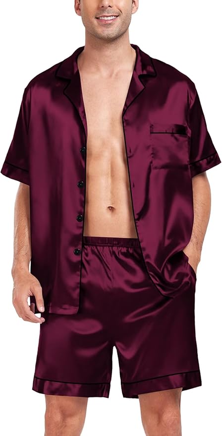 SWOMOG Satin Matching Pajamas Sets Couple Silk Button Down Nightwear Women & Men Short Sleeve Sleepwear 2 Pieces Loungewear