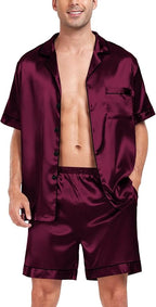 SWOMOG Satin Matching Pajamas Sets Couple Silk Button Down Nightwear Women & Men Short Sleeve Sleepwear 2 Pieces Loungewear