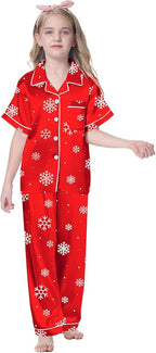 Umeyda Girls Womens Pajamas Set, Satin Silky Button Down Loungewear 2 Piece Short Sleeve Pants PJS Sets for Mommy Kids