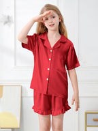 Umeyda Girls & Women Satin Pajamas Set Button Down 2 Piece Silk Pjs Shorts Set Ruffle Sleepwear, 5 Years-Women L