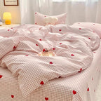 Nayoroom Gingham Duvet Cover Queen Size Pink Plaid Red Heart Printed on White Bedding Set 3 Pcs Kids Girls Cute Heart-Shaped Comforter Cover with Zipper Closure Soft Breathable Microfiber