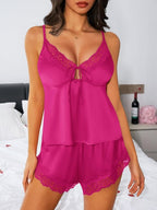 Kolagri Sexy Satin Pajama Set for Women Lace Lingerie Bow Ties Slip Sleepwear Cami Shorts Set Nightwear S-XXL