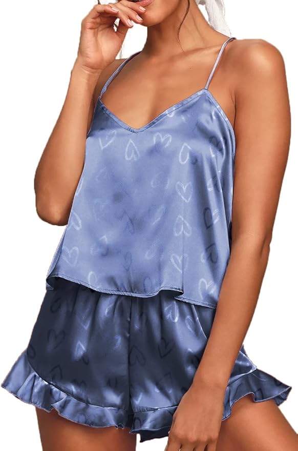 CHYRII Women's Sexy Silk Satin Ruffled Pajamas Sets Cami Shorts Sets Sleepwear