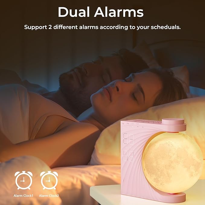 Sunrise Alarm Clock, Wake-Up Light Moon Lamp with Colourful Light Mode, 10 Fairy Sounds, 30/60/90 Timer & Dual Alarms for Girls/Teens, Cute Bedside Companion for Nursery/Kids Room (Blush Pink)