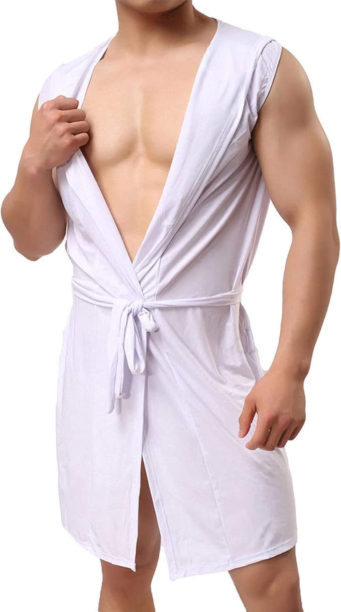 Lu's Chic Men's Silk Kimono Robe Hooded Bathrobe Sleeveless Lightweight Sleepwear Pajamas