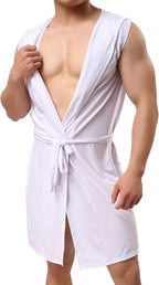 Lu's Chic Men's Silk Kimono Robe Hooded Bathrobe Sleeveless Lightweight Sleepwear Pajamas