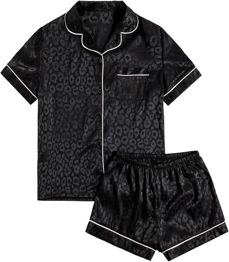 WDIRARA Women's Sleepwear Leopard Print Satin Shirt and Shorts Pajama Set