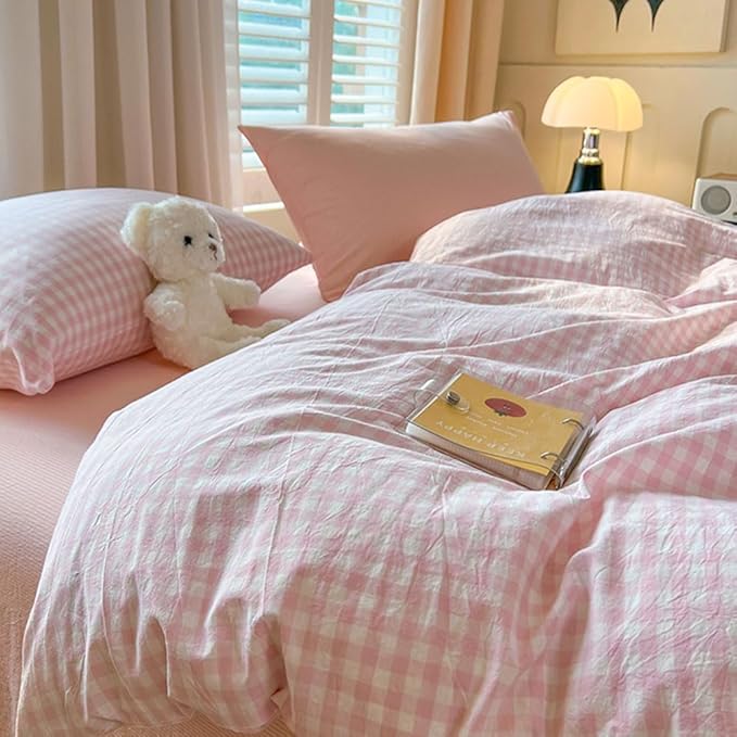 Nayoroom Gingham Duvet Cover King Size Pink White Plaid Checkered Comforter Cover 3 Pcs Soft Breathable Washed Microfiber Grid Farmhouse Bedding Set with Pillow Shams