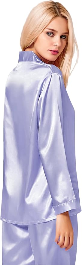 SWOMOG Long Sleeve Pajamas Set Silk Satin Sleepwear Button Down Pjs Loungewear with Pocket