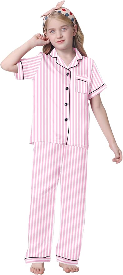 Umeyda Girls Womens Pajamas Set, Satin Silky Button Down Loungewear 2 Piece Short Sleeve Pants PJS Sets for Mommy Kids