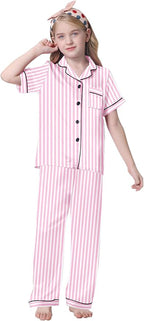Umeyda Girls Womens Pajamas Set, Satin Silky Button Down Loungewear 2 Piece Short Sleeve Pants PJS Sets for Mommy Kids