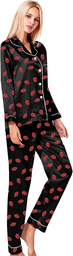SWOMOG Womens Silk Satin Pajamas Set Long Sleeve Button Down Sleepwear 2 Piece Lounge Set Pj Set XS-3XL