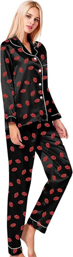 SWOMOG Womens Silk Satin Pajamas Set Long Sleeve Button Down Sleepwear 2 Piece Lounge Set Pj Set XS-3XL