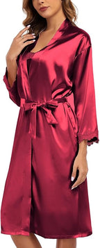 BestWendding Women's Silk Robe Set 2 Pieces Pajamas Sets Sexy Soft Satin Robe with V Neck Camisole Lingerie Nightgown