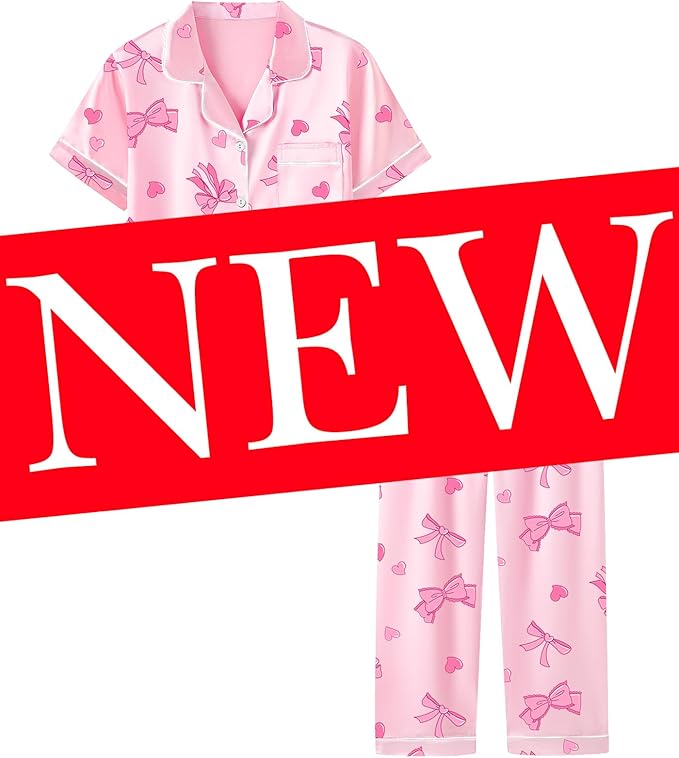 Umeyda Girls Womens Pajamas Set, Satin Silky Button Down Loungewear 2 Piece Short Sleeve Pants PJS Sets for Mommy Kids