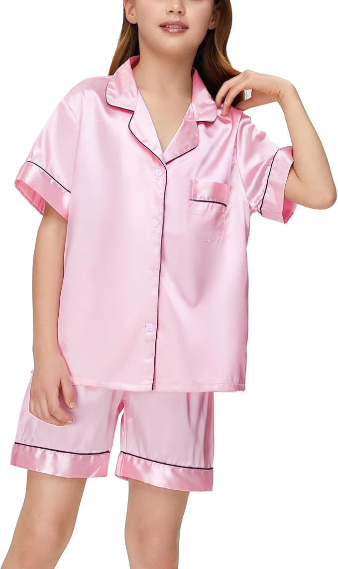 EPLAZA Kids Satin Pajamas Sets Girls Boys Button-Down Silky Pajamas Sleepwear with Hairband Eye Mask Hair Tie