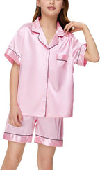 EPLAZA Kids Satin Pajamas Sets Girls Boys Button-Down Silky Pajamas Sleepwear with Hairband Eye Mask Hair Tie