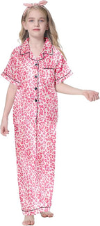 Umeyda Girls Womens Pajamas Set, Satin Silky Button Down Loungewear 2 Piece Short Sleeve Pants PJS Sets for Mommy Kids