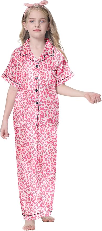 Umeyda Girls Womens Pajamas Set, Satin Silky Button Down Loungewear 2 Piece Short Sleeve Pants PJS Sets for Mommy Kids