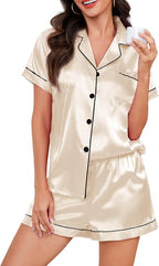 Women's Silk Pajama Set Short Sleeve Sleepwear Satin Button Down Pj Tops and Shorts 2 Piece Loungewear