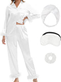 MORFORU Satin Pajama Set for Women Feather Trim Long Sleeve Pjs with Sleep Mask Headband Scrunchie Sleepwear Lounge Set