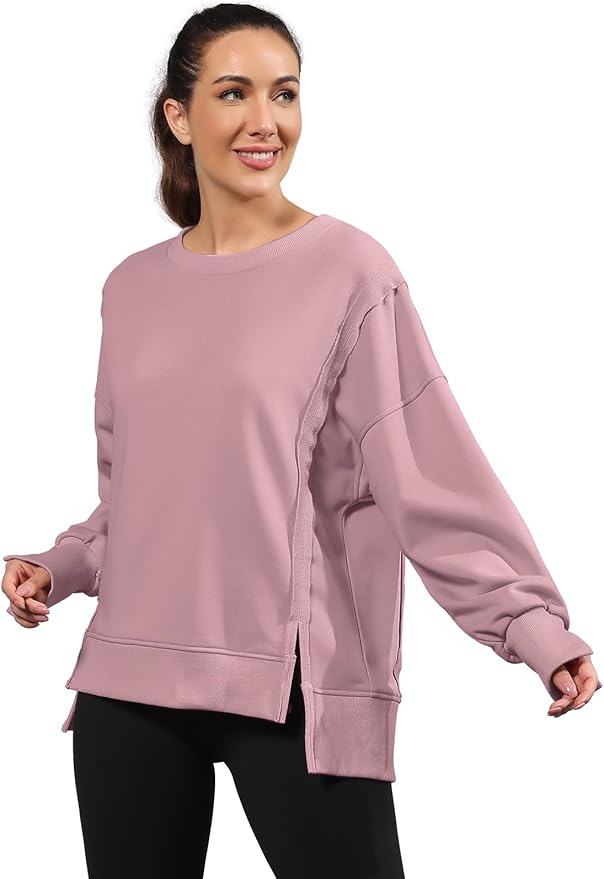 Nirovien Womens Oversized Crewneck Sweatshirt Side Slit Long Sleeve Pullover Slouchy Fit Tops