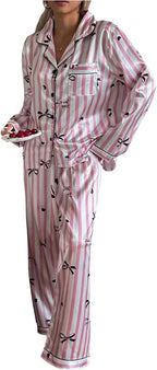 WDIRARA Women's 2 Piece Bowknot Print Satin Pajama Set Long Sleeve Button Down Lounge Pants Sleepwear Sets