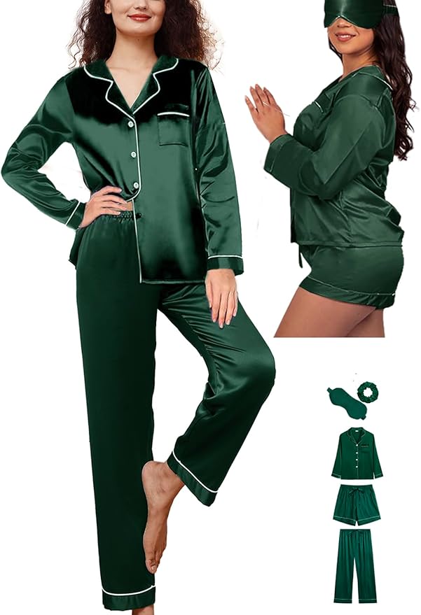 WJing Yi Jia 5Pcs XS-XXL Womens Silk Satin Pajamas Sets Long Pj Sets Button Down Pjs Set Loungewear Sleepwear