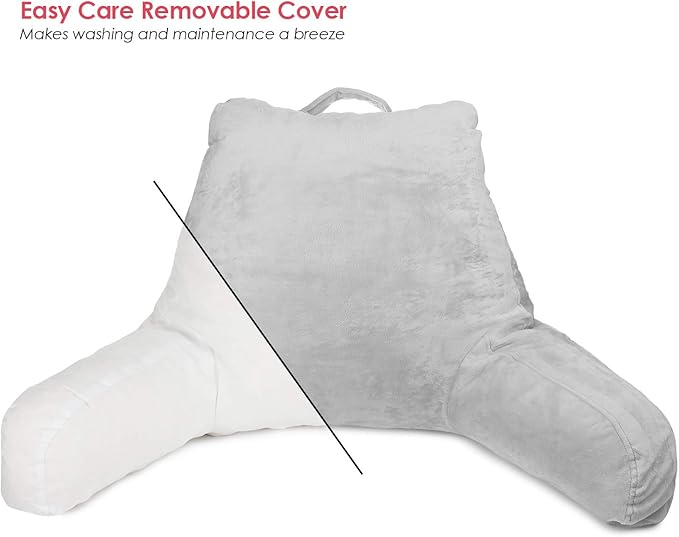Clara Clark Reading Pillow for Kids & Teens with Shredded Memory Foam, Backrest Pillows for Reading, Watching, and Gaming, Use on The Couch, Bed, or Floor Adjustable Support, Washable Cover Light Grey