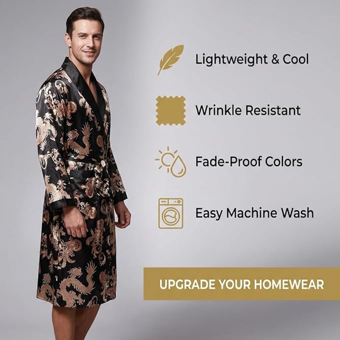 Mens Satin Robe Silk Long Sleeve Kimono Bathrobe Sleepwear Loungewear