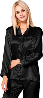 SWOMOG Womens Silk Satin Pajamas Set Long Sleeve Button Down Sleepwear 2 Piece Lounge Set Pj Set XS-3XL