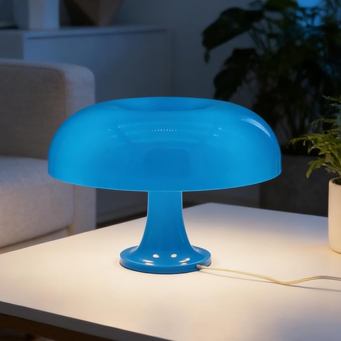 25W Blue Mushroom Lamp, LED Retro Table Lamp with 3 Color Temperatures and 4 Bulbs, Mid Century Modern Nightstand Light for Bedroom, Living Room, Office Aesthetic Decor, US Plug Powered, E14 Sockets
