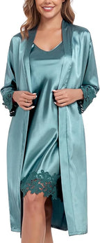 BestWendding Women's Silk Robe Set 2 Pieces Pajamas Sets Sexy Soft Satin Robe with V Neck Camisole Lingerie Nightgown