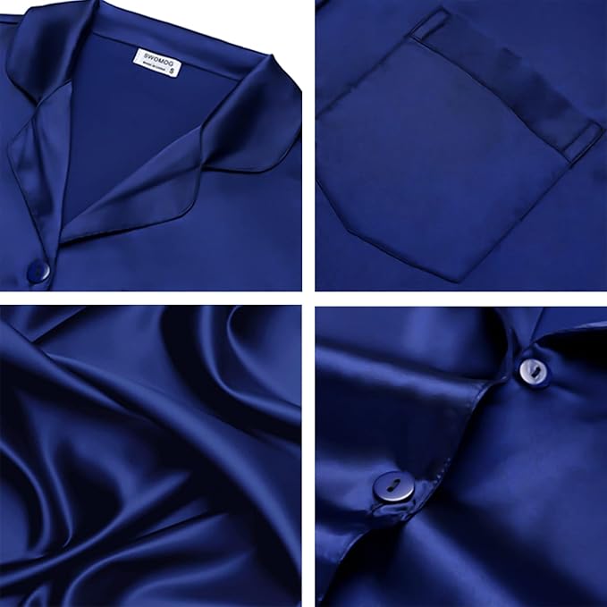 SWOMOG Long Sleeve Pajamas Set Silk Satin Sleepwear Button Down Pjs Loungewear with Pocket
