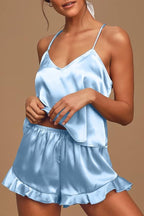 CHYRII Women's Sexy Silk Satin Ruffled Pajamas Sets Cami Shorts Sets Sleepwear