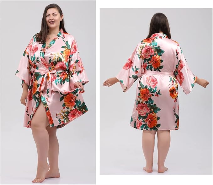 QXQTER Peony Floral Silky Satin Robe Wedding Bridal Party Bride Bridesmaid Robes for Women Dressing Gown Kimono Robe