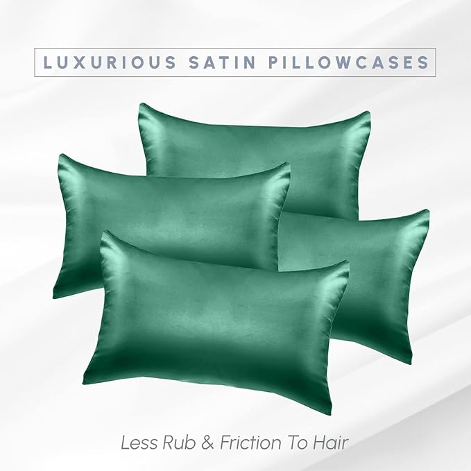 Elegant Comfort 4-Pack Cooling Viscose Satin Pillowcase Set with Hidden Zipper Closure, Silky Smooth for Hair and Skin Care-Beautiful Gift Box-4-Piece Satin Pillowcases, Standard/Queen, Hunter Green